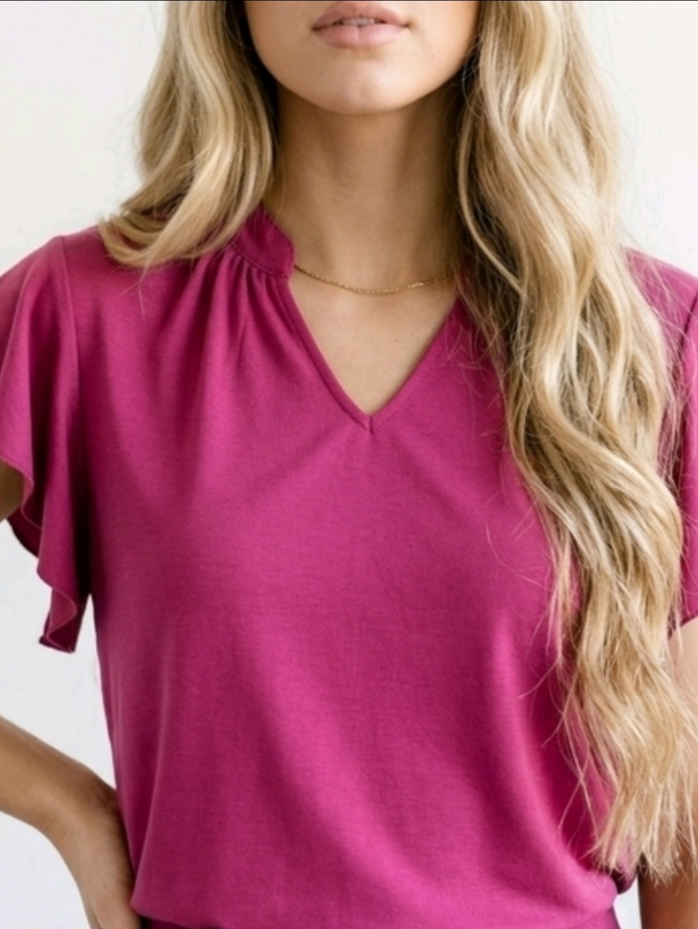 Women's V-Neck Flutter Sleeve Top - Magenta